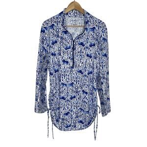 Ibkul Long Sleeve Quarter Zip Top Womens XL Blue White Mesh Elephant Print